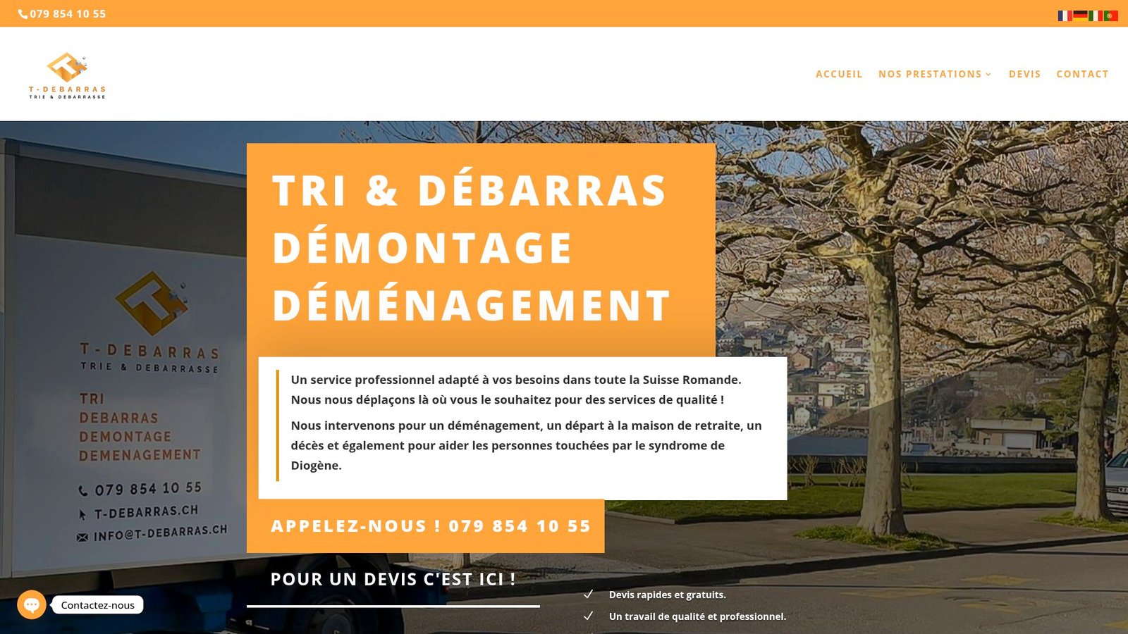 Screenshot of t-debarras.ch homepage showing their main services offering.
