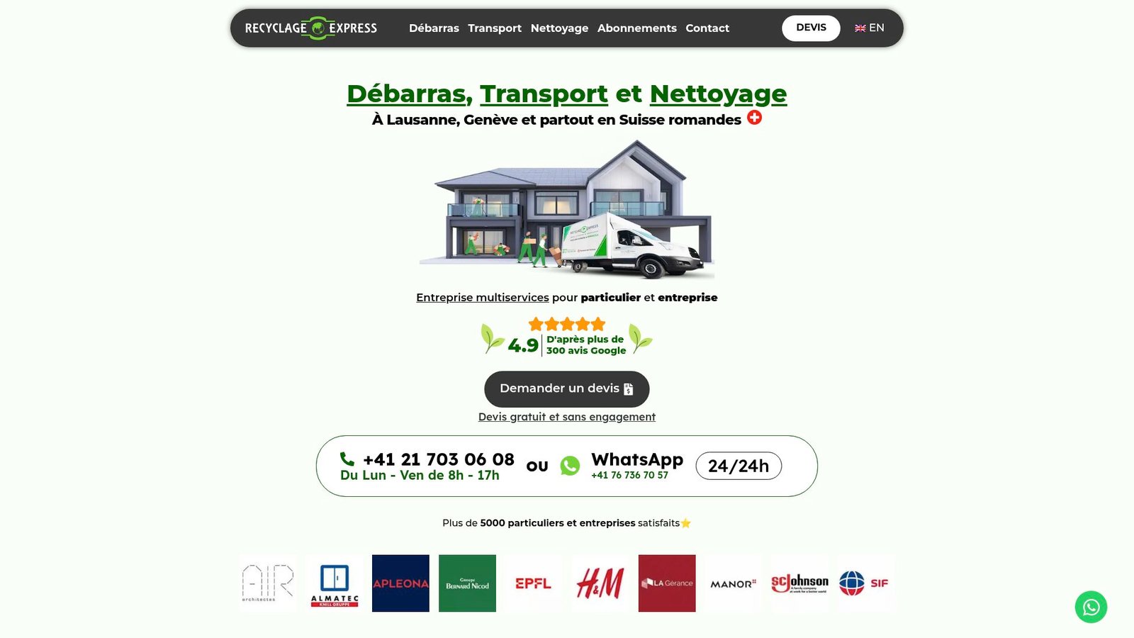 Screenshot of recyclage-express.ch showing their green recycling commitment.