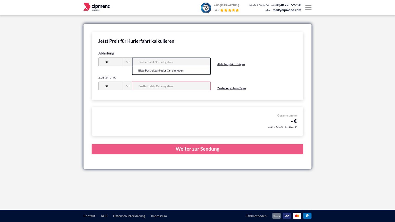 Screenshot du calculateur de prix en ligne de Zipmend montrant les options de véhicules