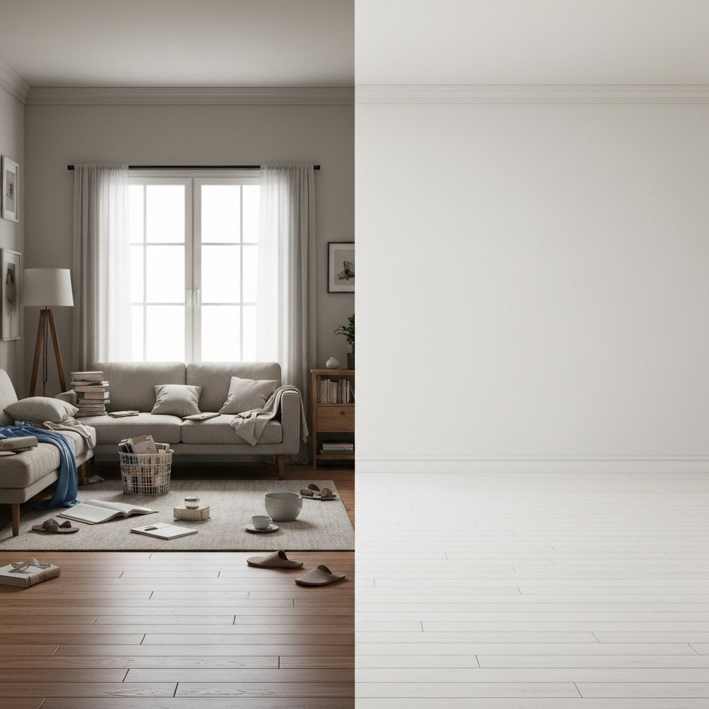 A split image showing a cluttered living room on the left and a perfectly organized, empty space on the right, highlighting the relief of decluttering.
