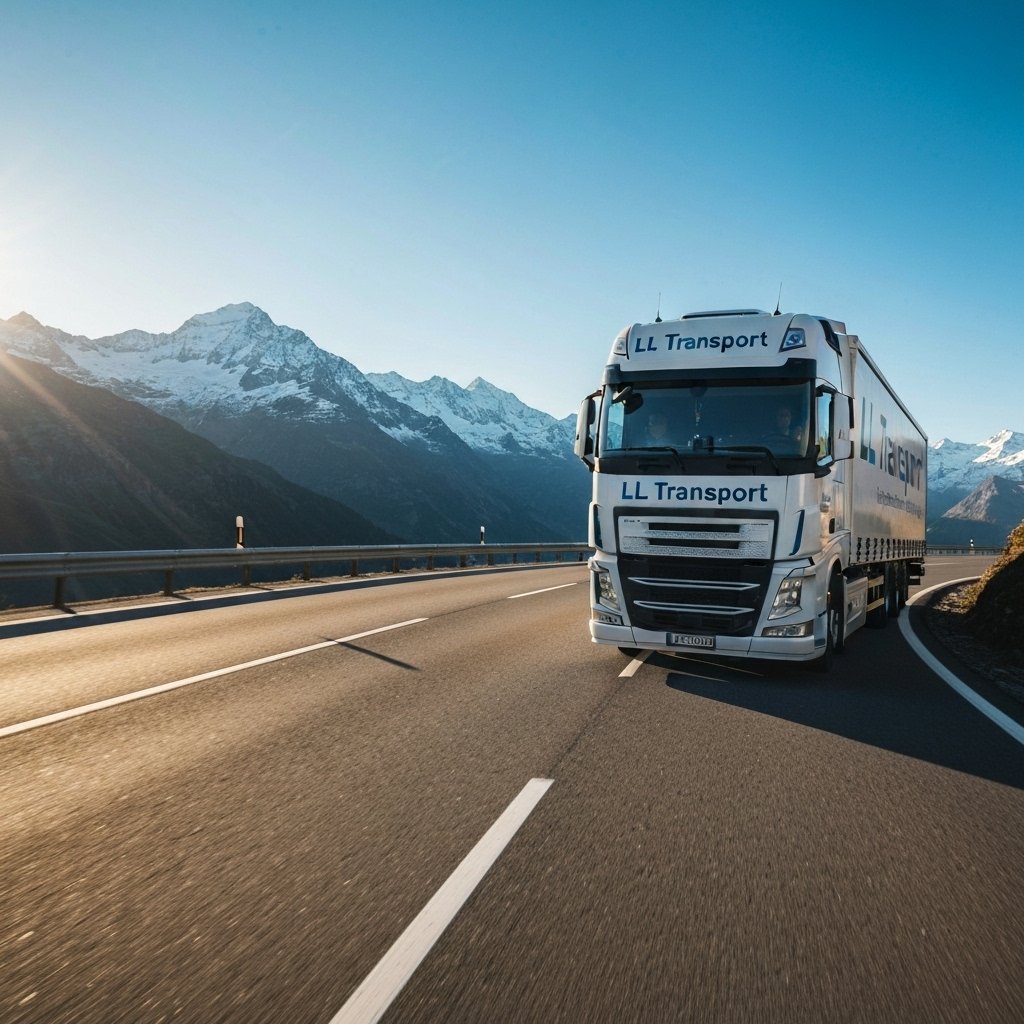 A professional LL Transport truck driving on a scenic Swiss road near mountains, symbolizing reliability and reach.
