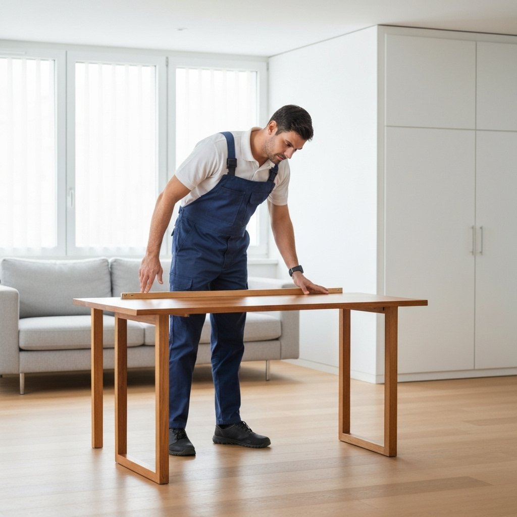 Professional mover carefully assembling a wooden desk inside a modern swiss apartment, wearing uniform