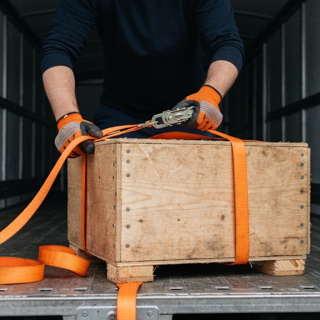 Close up of hands securing a heavy load with orange ratchet straps in a truck
