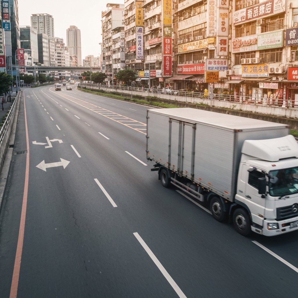 delivery truck driving on a swiss road near mountains highly detailed photorealistic