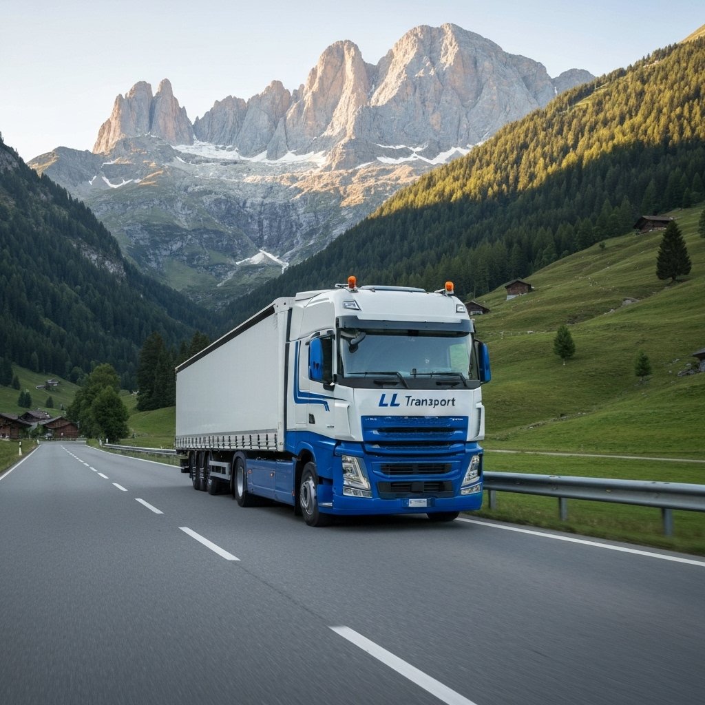 Camion LL Transport sur une route suisse avec paysage alpin en arrière-plan