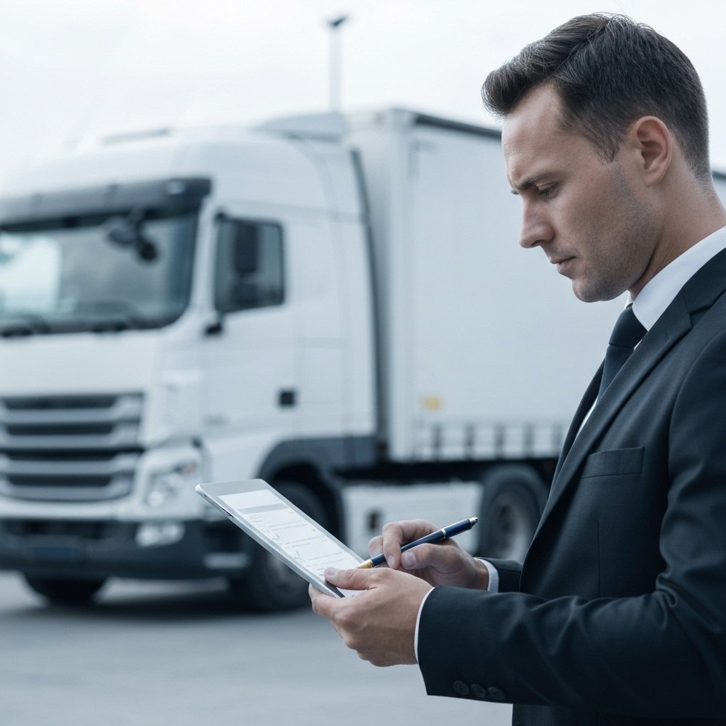 Professional logistic manager analyzing a transport checklist on a tablet with a truck in the background