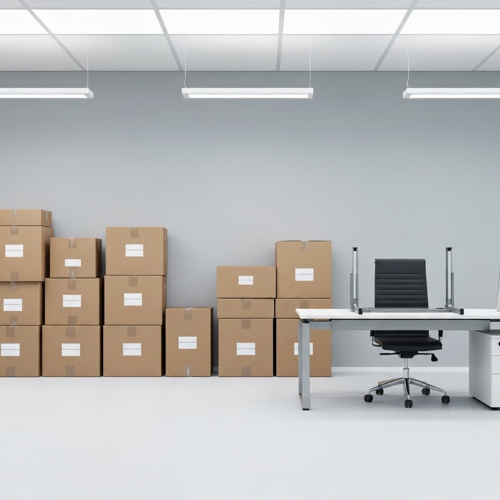 Modern office being packed with labeled boxes and dismantled furniture