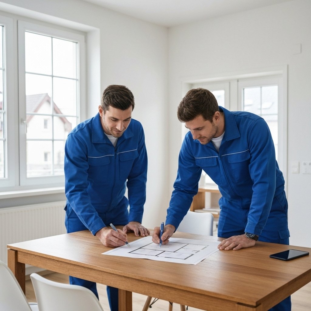Professional movers analyzing a floor plan and checklist in a modern living room in Switzerland