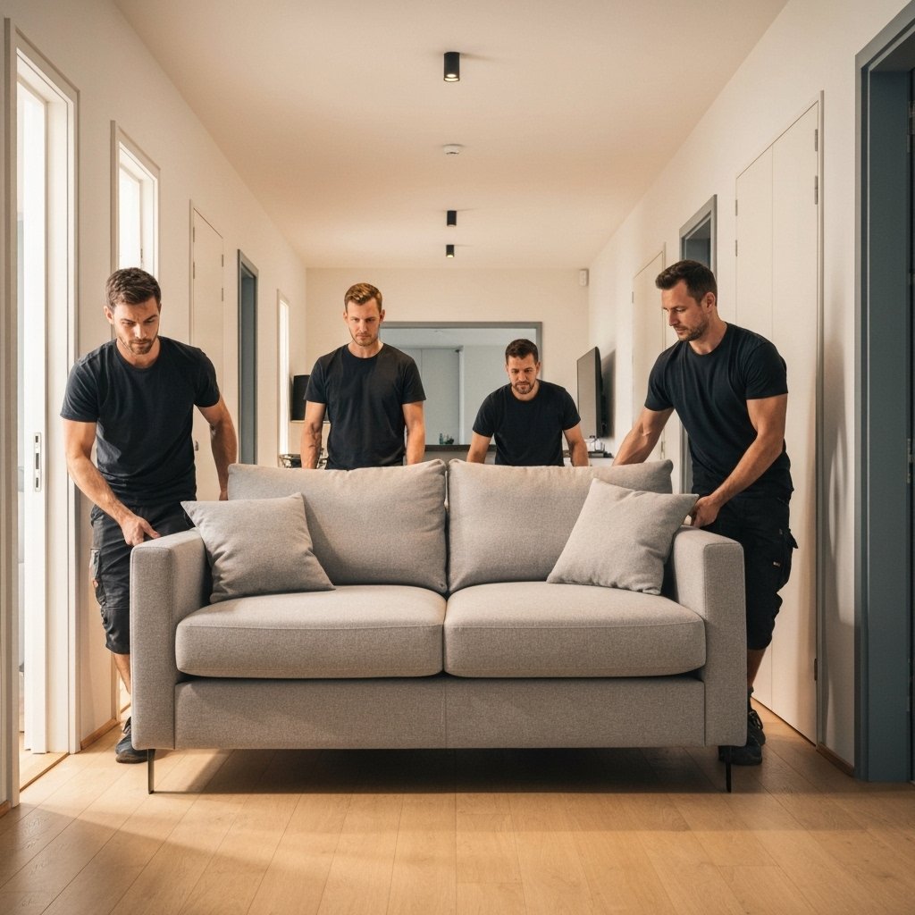 Professional movers carefully carrying a large modern sofa through a narrow swiss apartment hallway