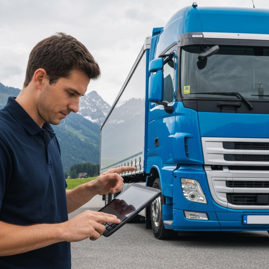 Realistic photo of a delivery professional using a tablet to calculate a quote in near a transport truck in Switzerland landscape