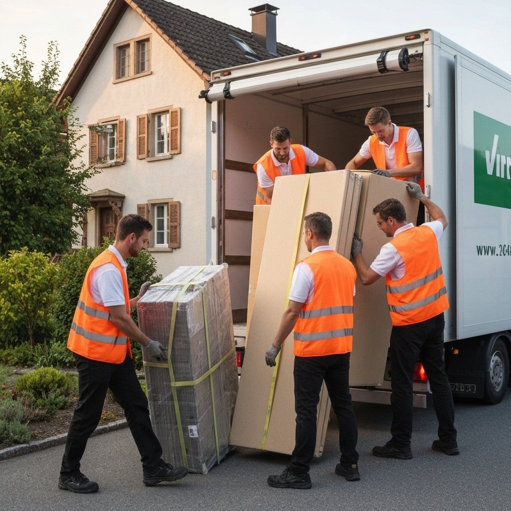 Equipe de déménageurs chargeant un camion avec soin devant une maison suisse typique