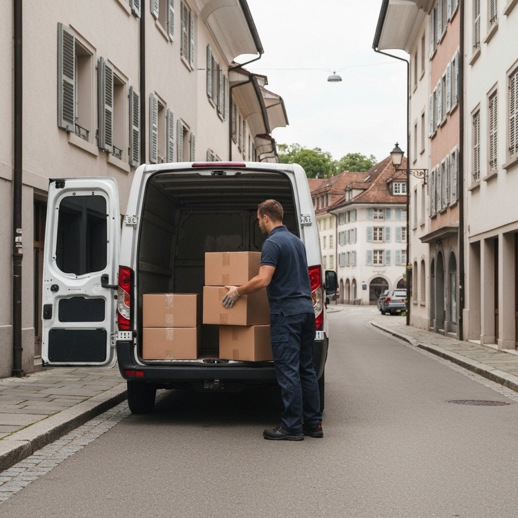 Professional delivery driver loading boxes into a 3.5t transport van in a Swiss street setting