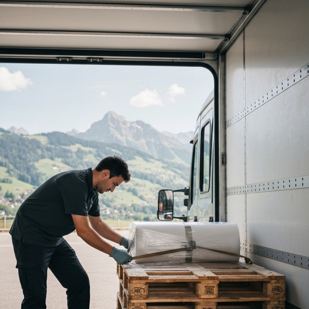 A professional delivery driver securing a pallet inside a truck with Swiss landscape in background
