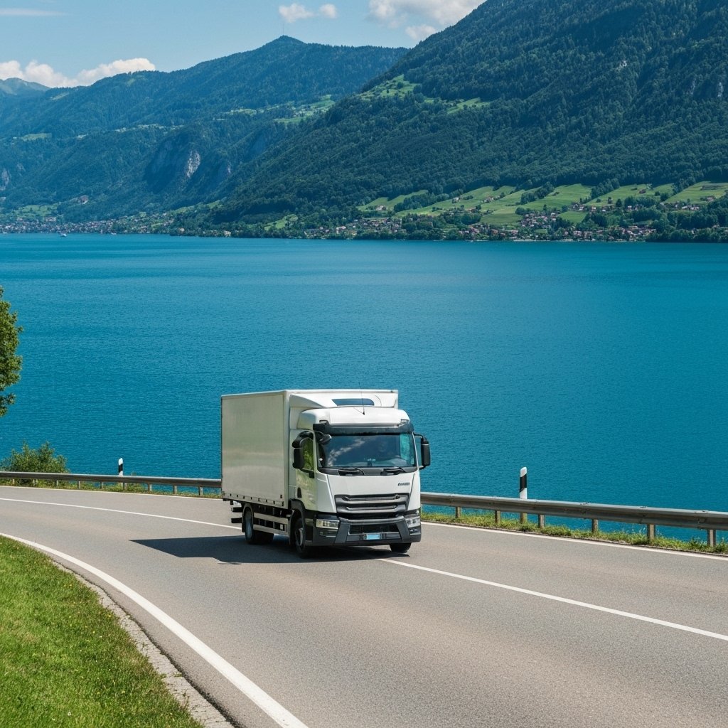 Delivery truck driving on a scenic road near Lausanne with Lake Geneva in the background