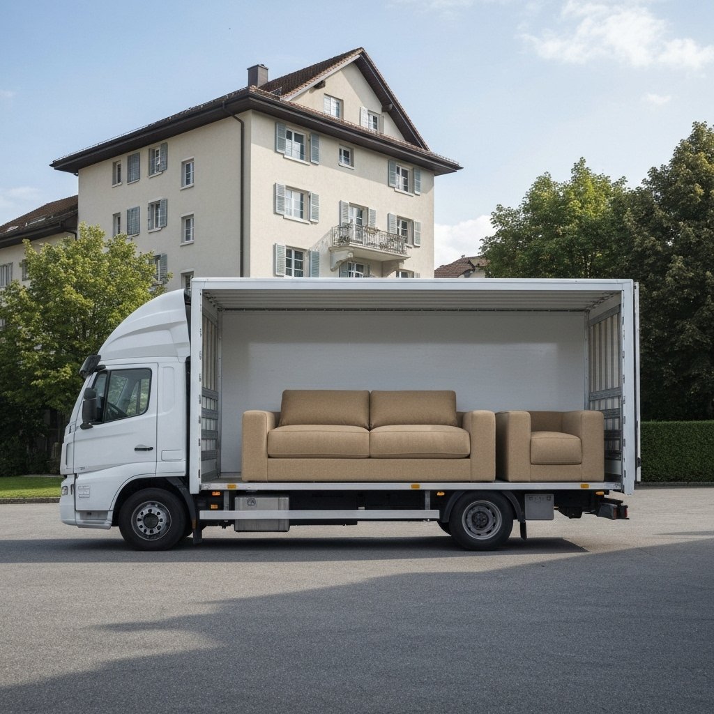 Equipe de déménageurs chargeant un canapé moderne dans un camion de transport logistique devant un immeuble suisse