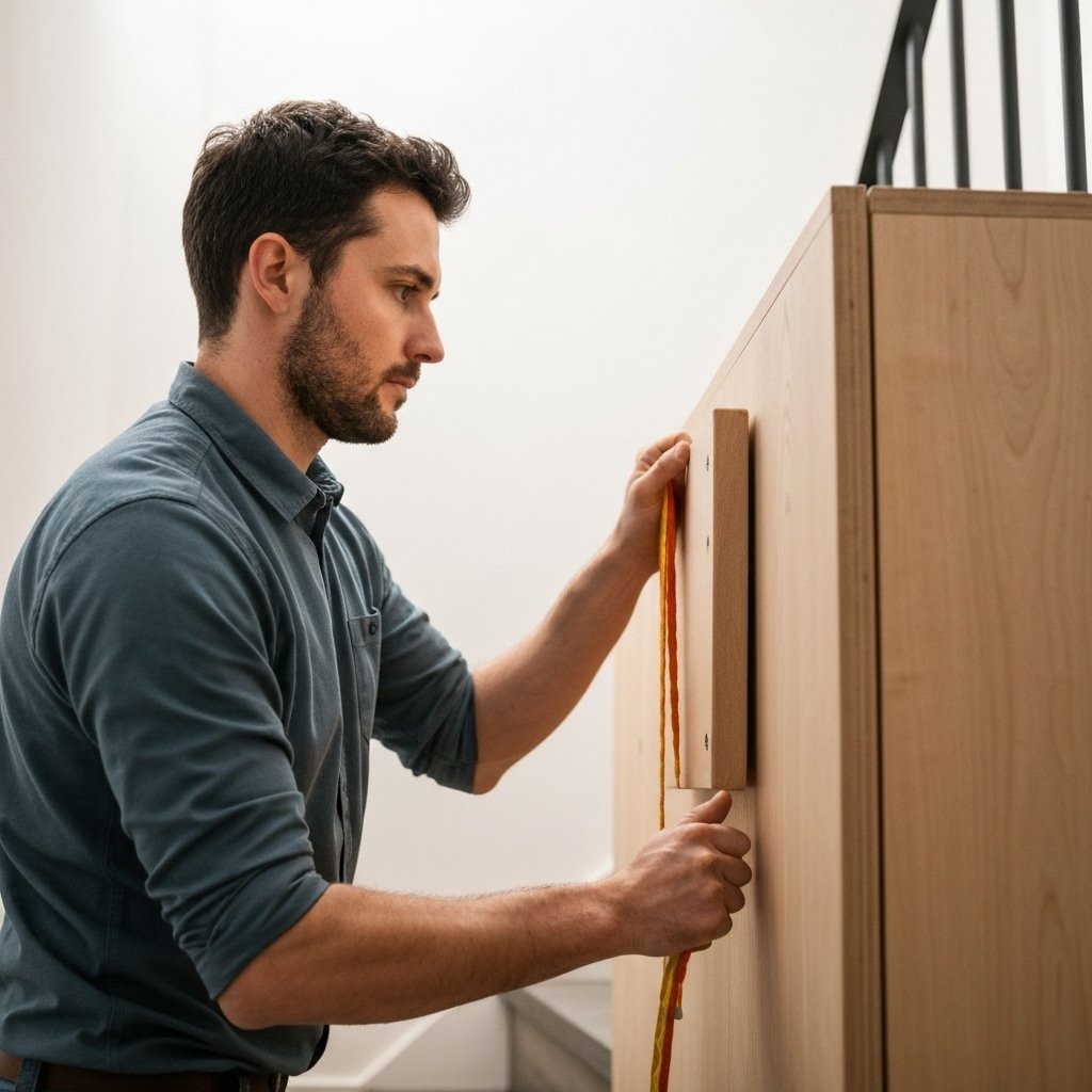 Déménageur utilisant des sangles de levage pour monter un meuble lourd dans un escalier étroit