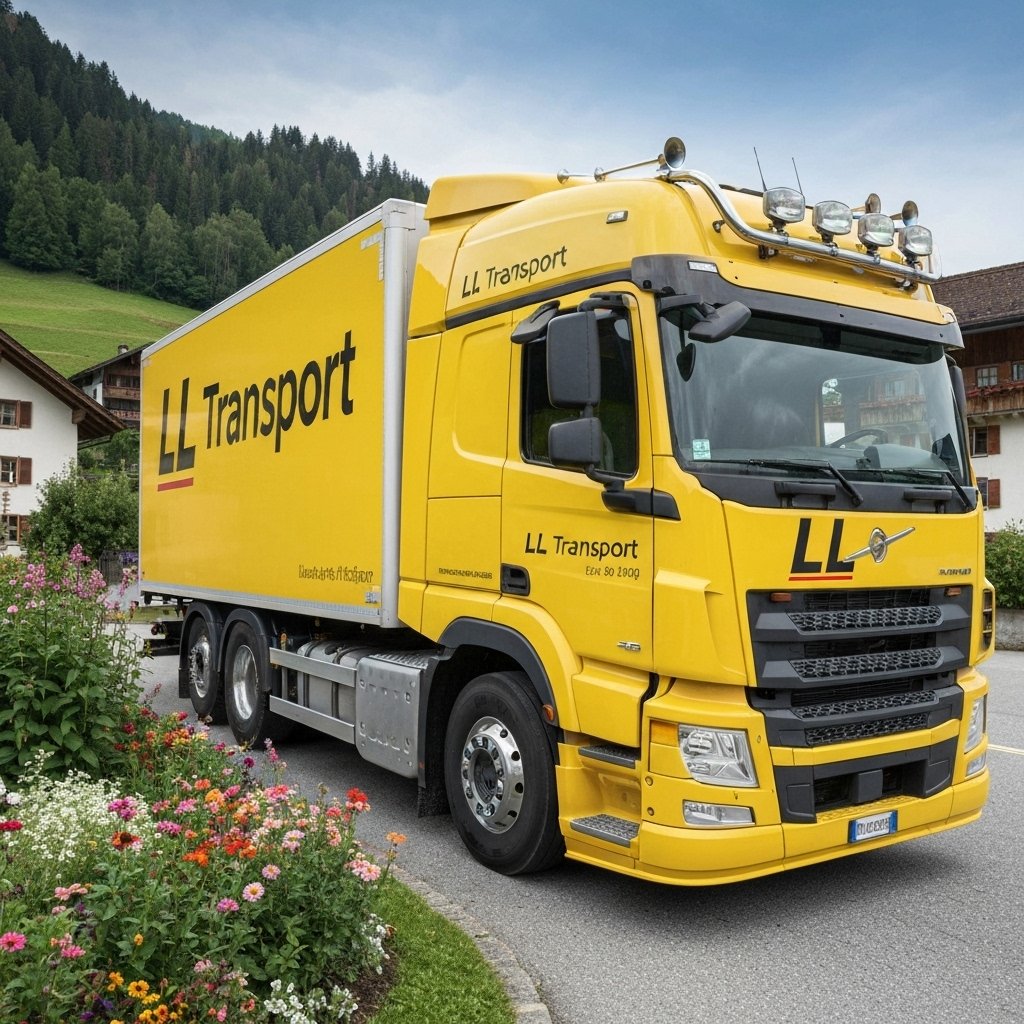 Camion de livraison LL Transport sur une route suisse avec paysage fribourgeois en arrière-plan