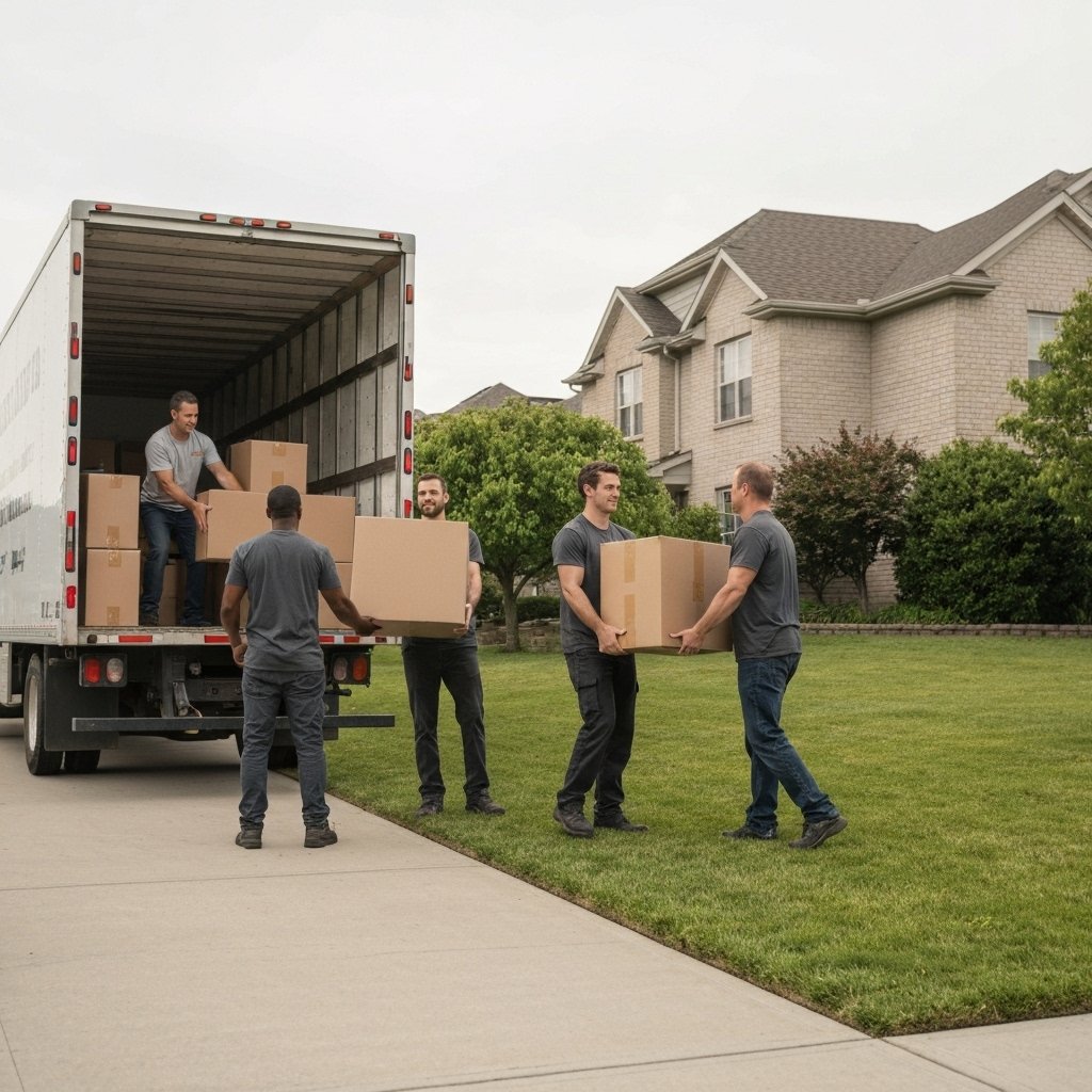 Equipe de déménageurs professionnels déchargeant un grand canapé d