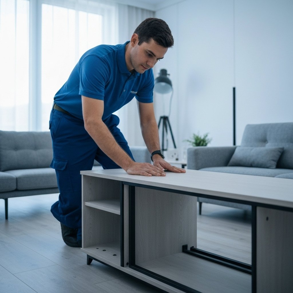 LL Transport employee assembling a furniture in a living room