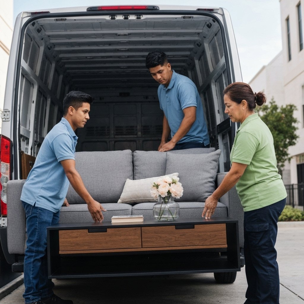 Professional mover loading small furniture into a clean van in a swiss street