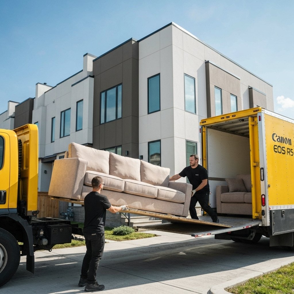 Professional movers carefully unloading a brand new sofa from a truck in a Swiss residential street