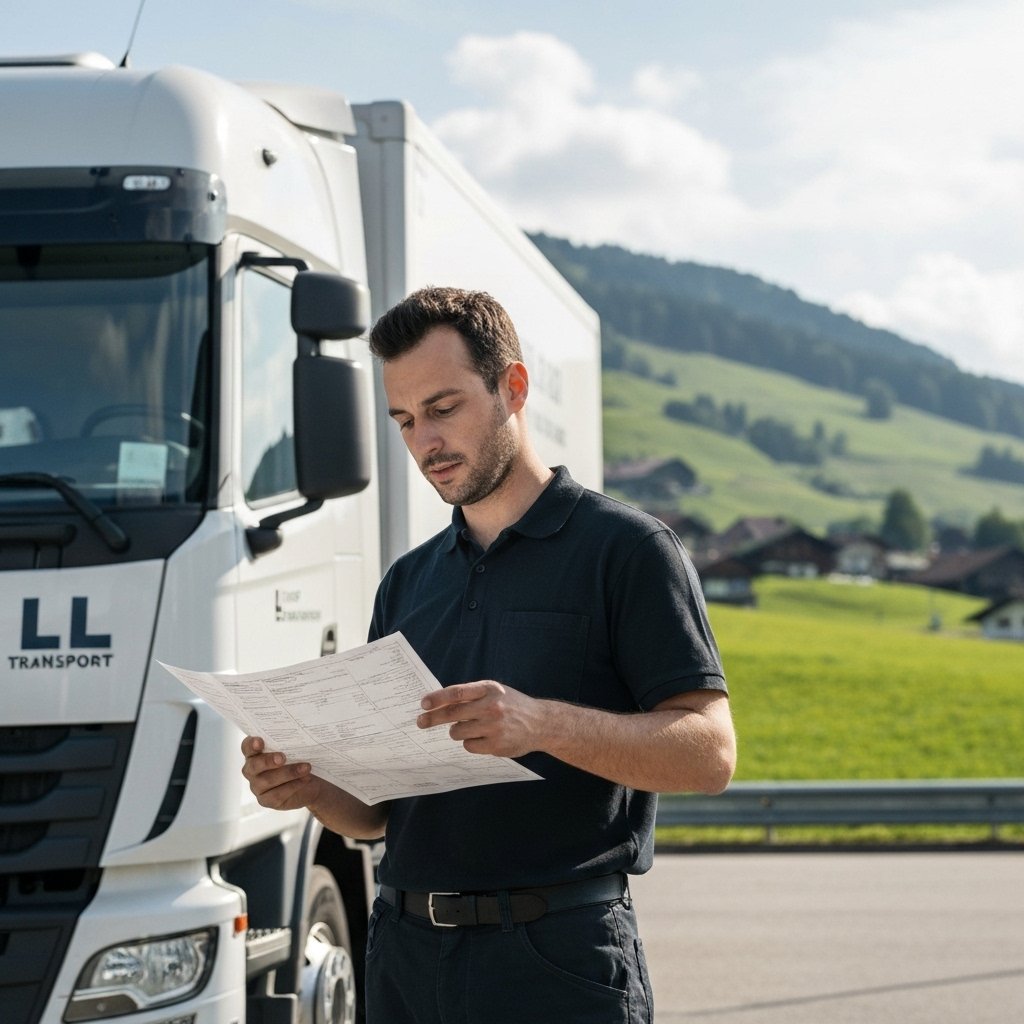 Professional delivery driver from LL Transport checking a manifest in front of a delivery truck in Rossens Switzerland landscape