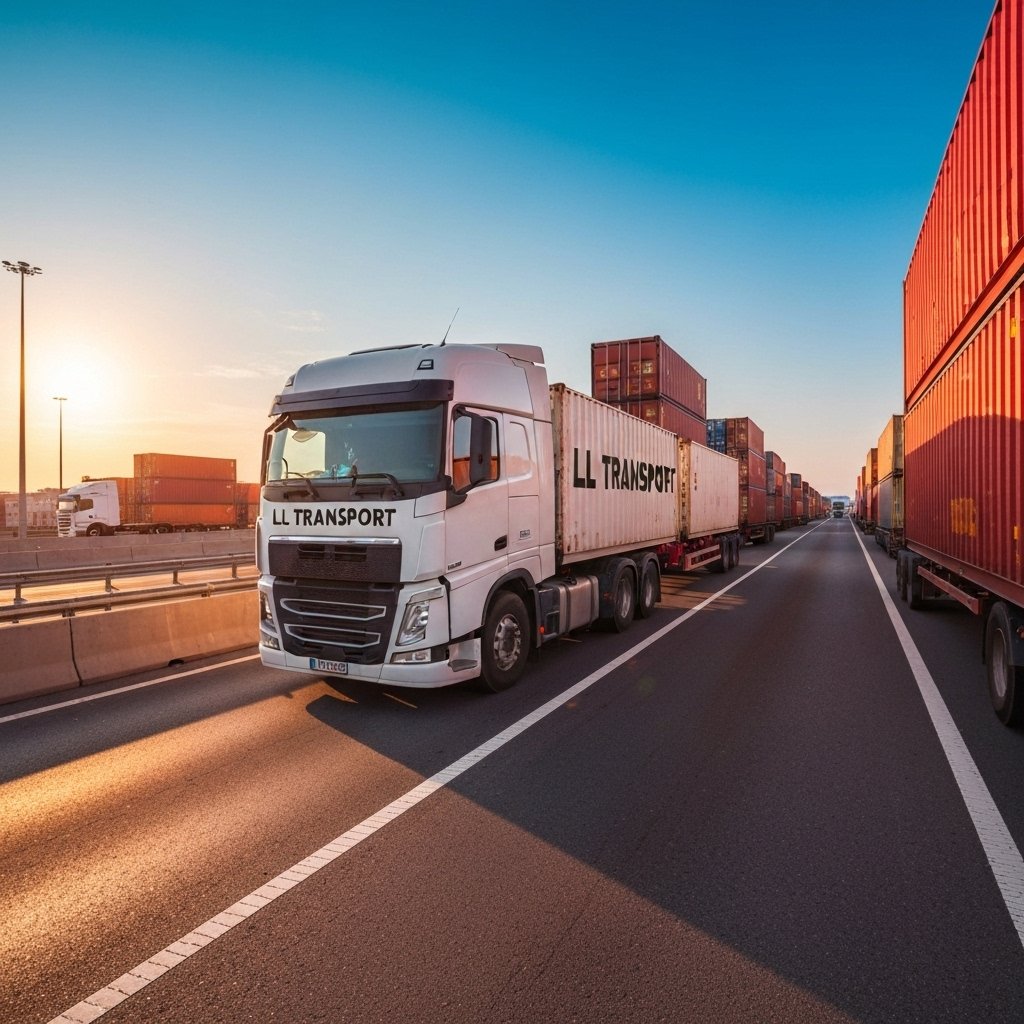 Camion de transport LL Transport sur une route suisse avec montagnes en arrière plan, transportant des meubles délicats