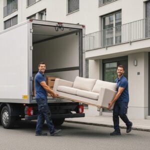 Deux livreurs professionnels portant un canapé design pour une livraison meubles home24 suisse rapide et efficace.