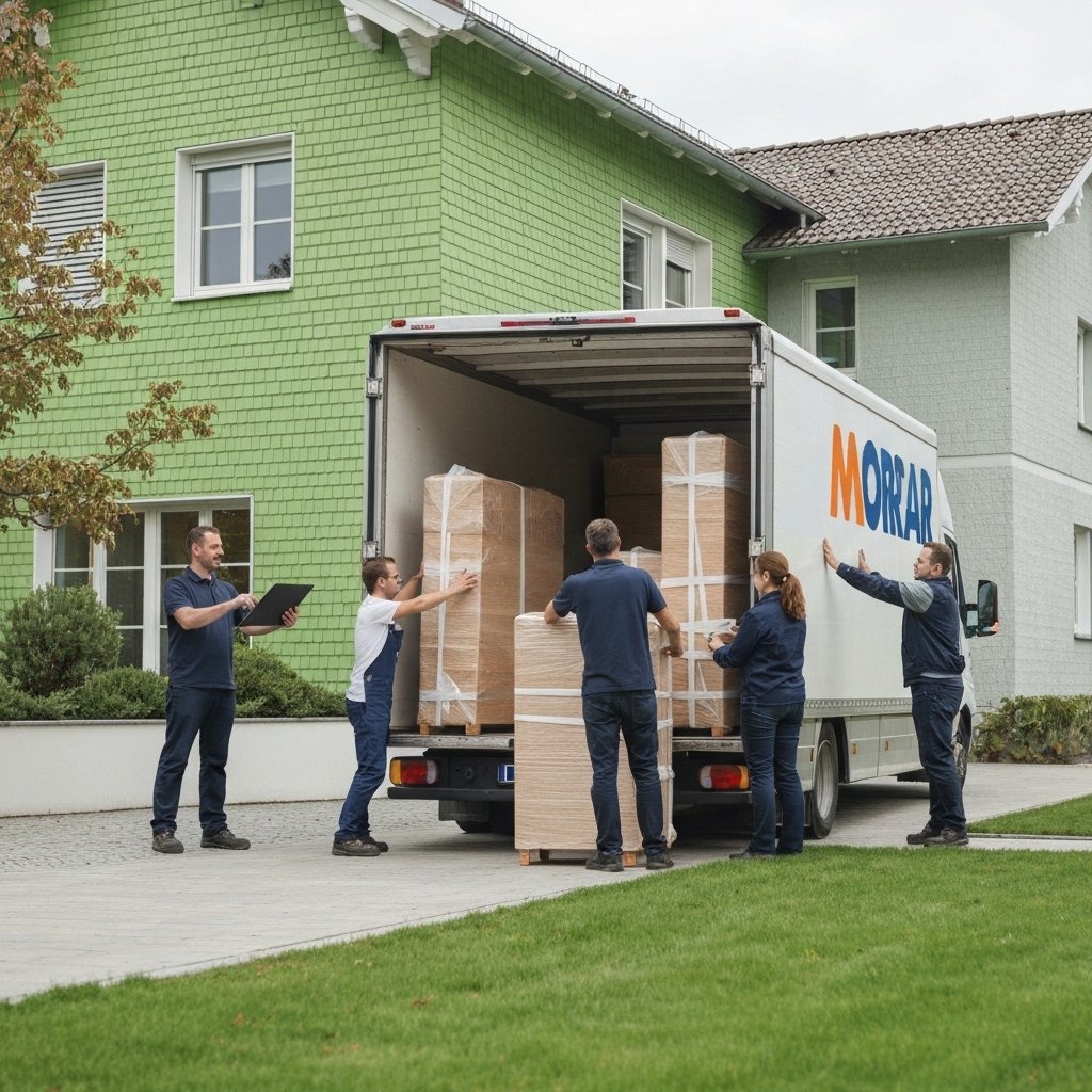 Professional delivery personnel unloading packaged furniture from branded truck at residential Swiss house entrance, modern suburban setting with green lawn