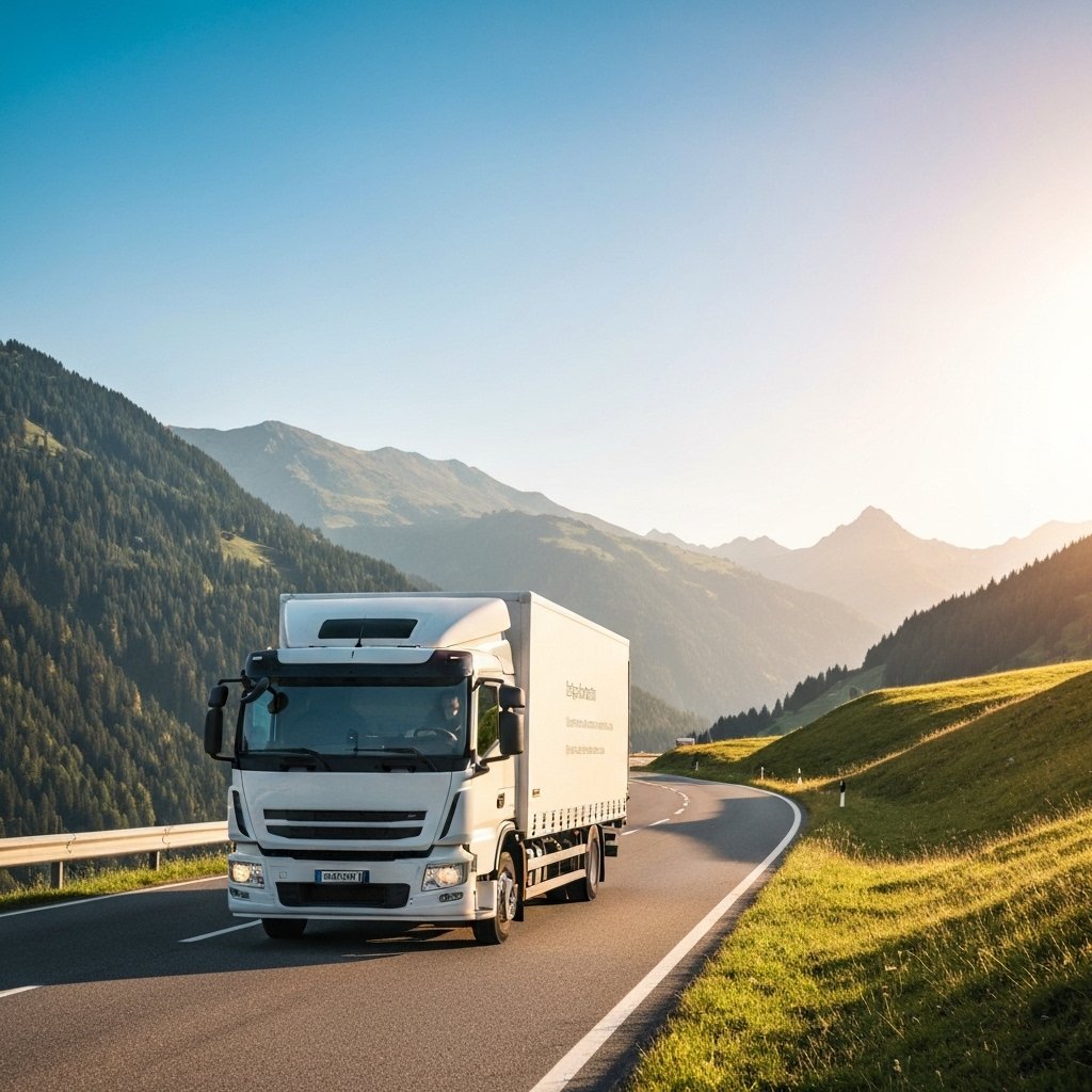 Delivery truck driving on a scenic Swiss road near mountains representing transport for e-commerce Switzerland
