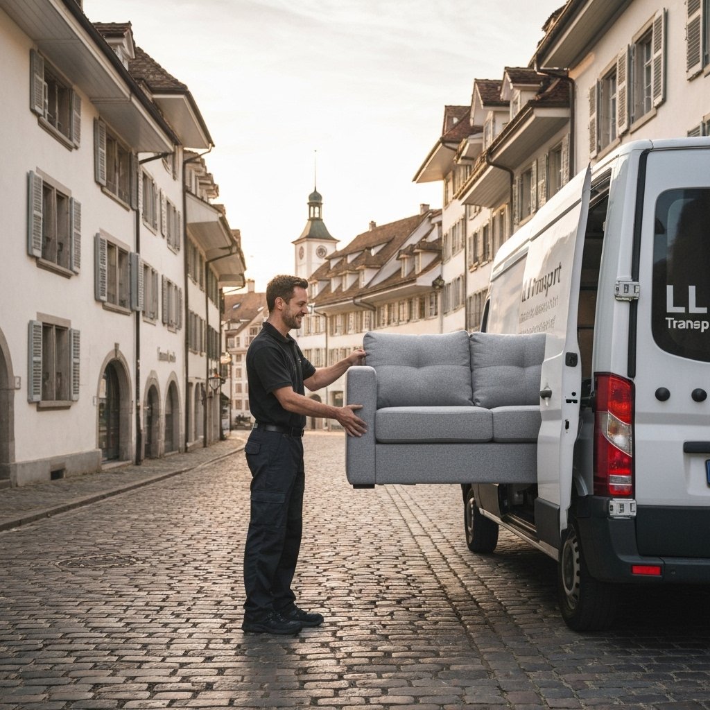 A professional delivery driver in LL Transport uniform carefully unloading a sofa from a van in a picturesque Swiss street in Fribourg
