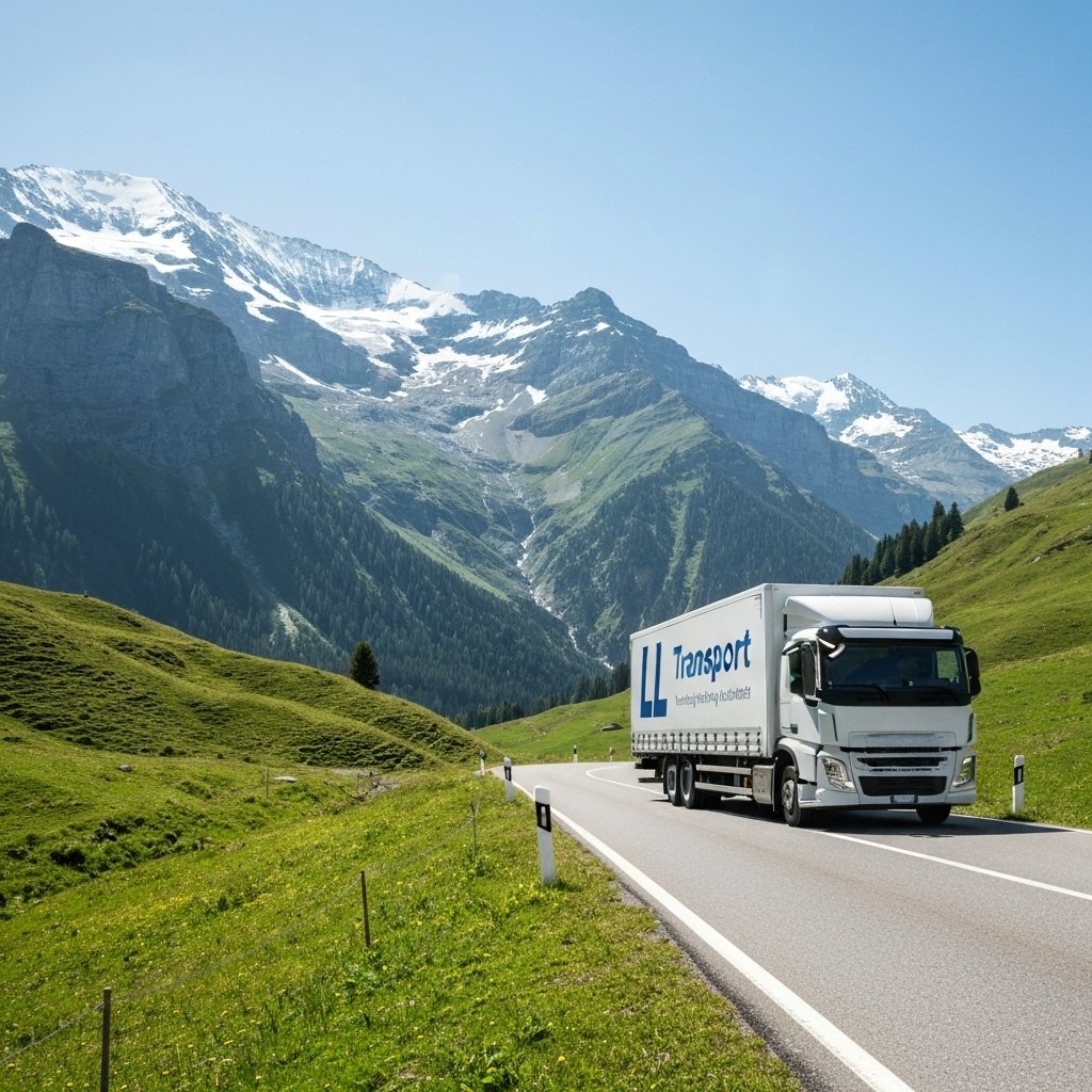 Camion de livraison LL Transport roulant sur une route pittoresque suisse près de Fribourg avec les montagnes en arrière-plan