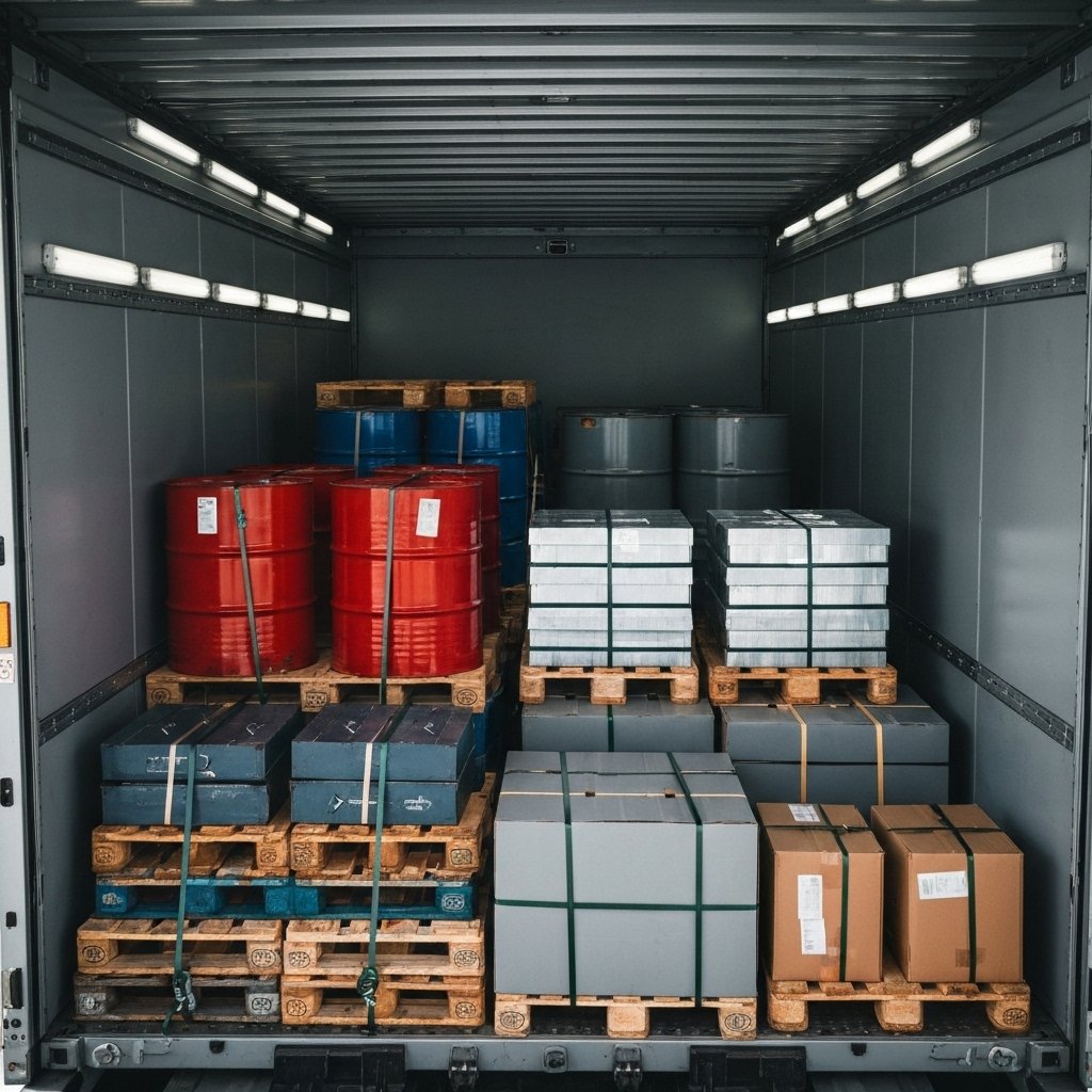 Interior of a truck cargo area showing secure strapping methods for pallets and heavy goods