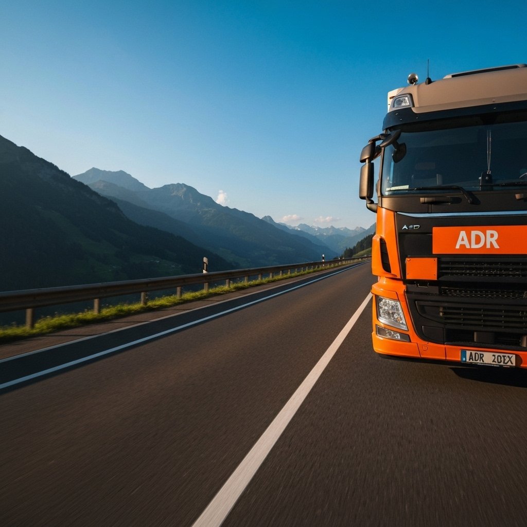 Camion de transport logistique moderne avec plaque orange ADR roulant sur une route suisse avec des montagnes en arrière-plan, style réaliste et professionnel