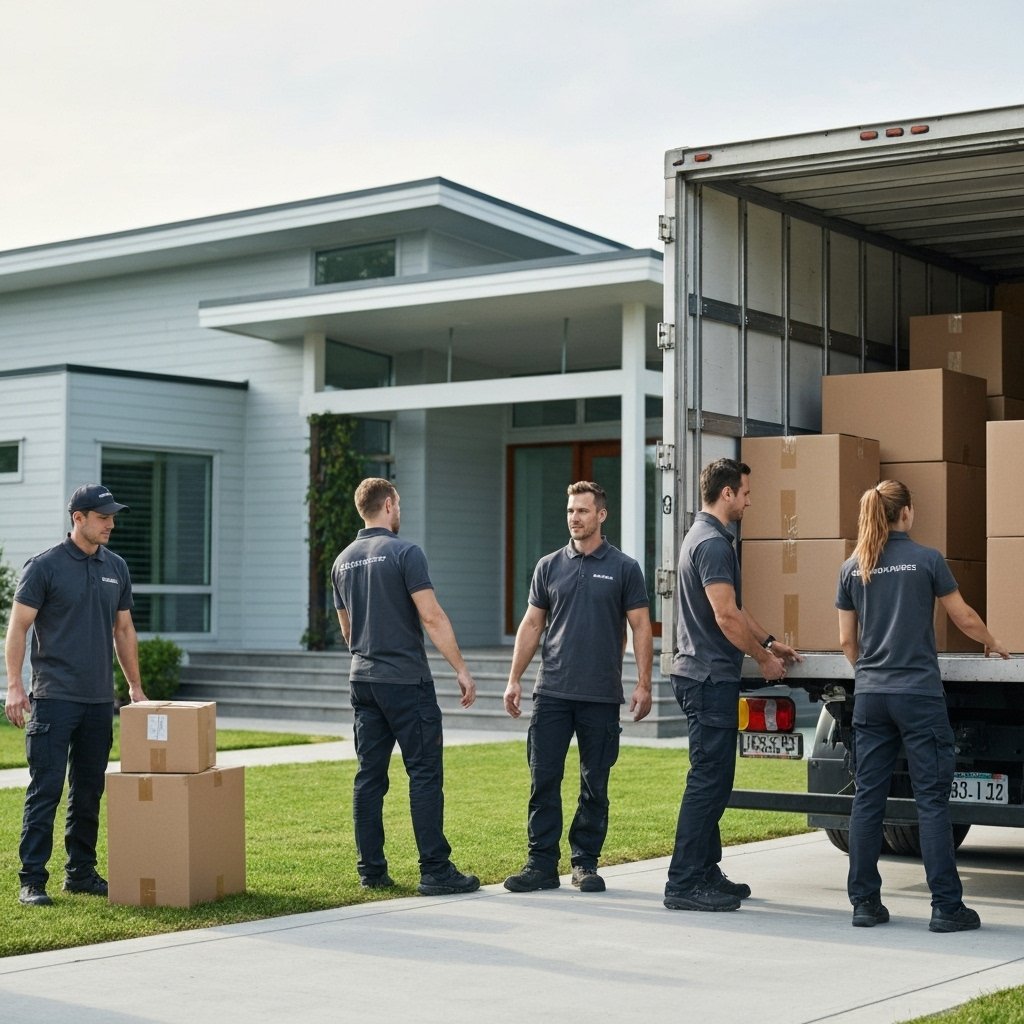 Equipe de déménageurs professionnels en Suisse chargeant un camion avec soin devant une maison moderne, ambiance sereine et organisée