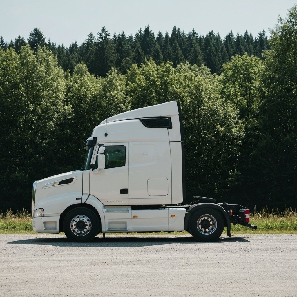 Delivery truck driving on a scenic road near Swiss mountains carrying furniture