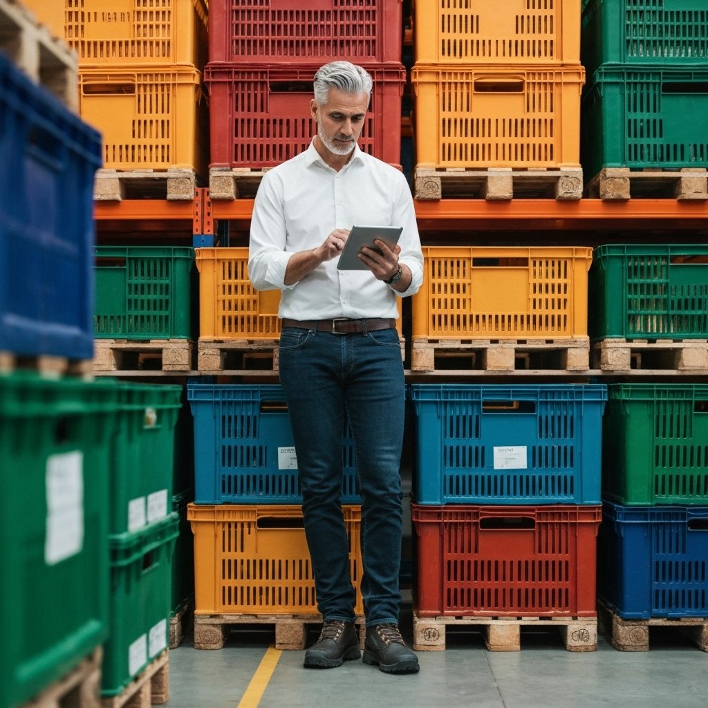 Warehouse manager improving smb logistics with tablet and boxes in a clean storage facility in Switzerland