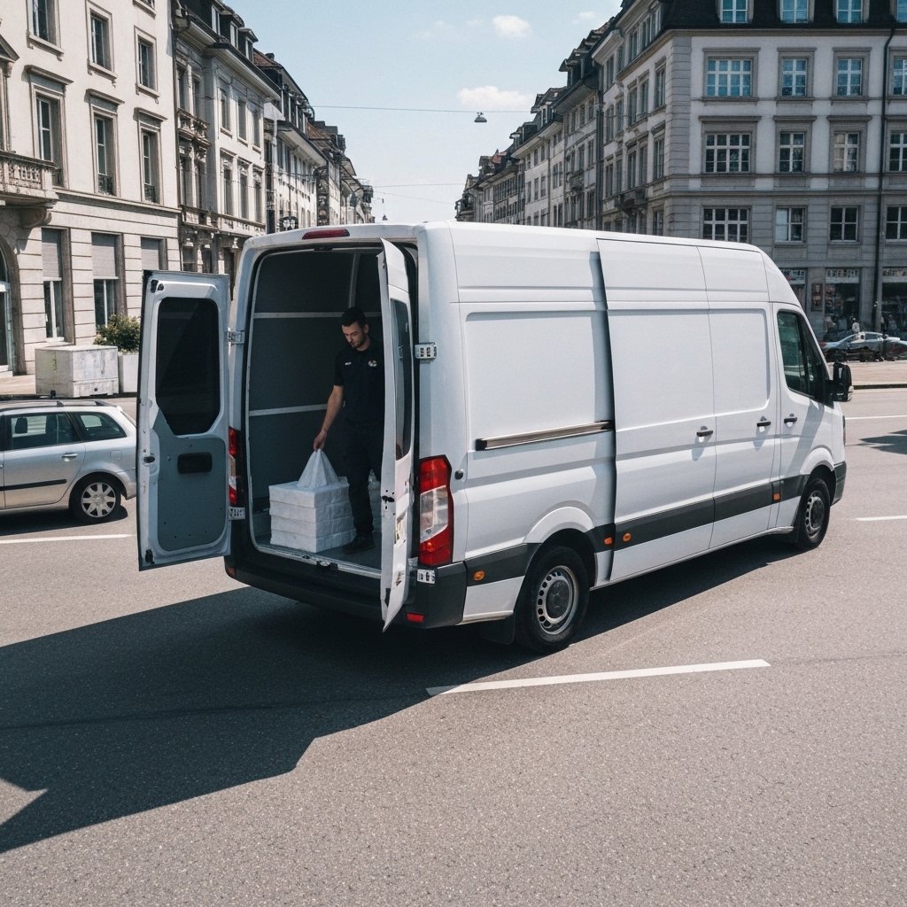 Chauffeur professionnel chargeant soigneusement un petit volume de cartons et un meuble protégé dans un fourgon logistique moderne en Suisse