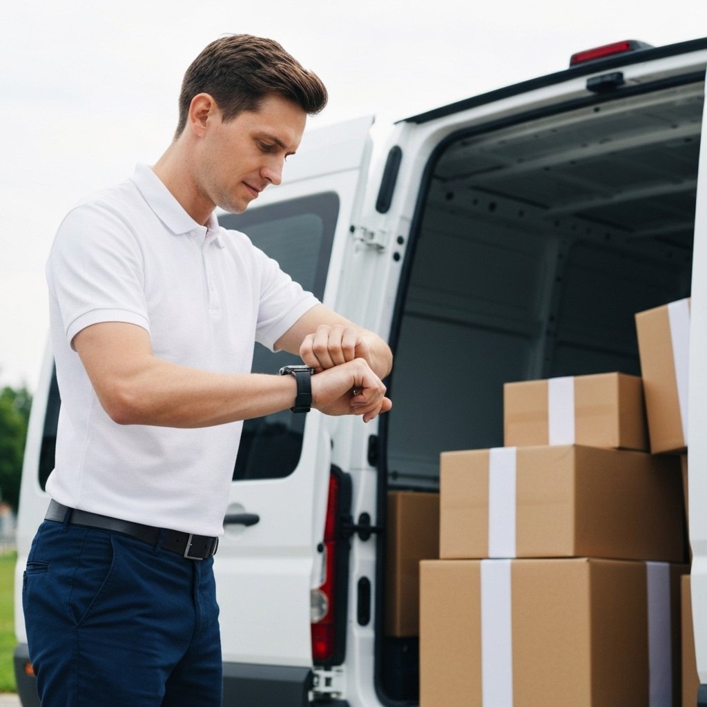 Professional courier checking his watch and loading a van in a hurry showing urgency concept