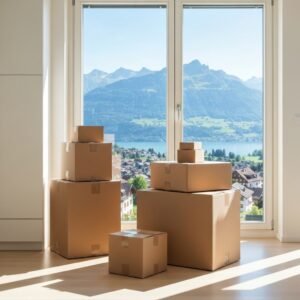 Cartons de déménagement dans un appartement moderne avec vue sur les Alpes suisses. Combien coûte un déménagement en Suisse ?