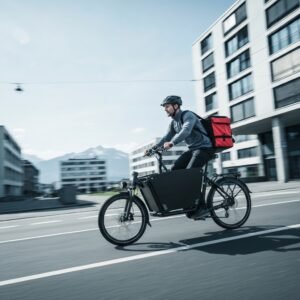 Coursier rapide à vélo électrique livrant un colis dans une ville suisse moderne, évoquant un service de coursier express sui