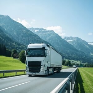 Un camion professionnel sur une autoroute suisse entourée de montagnes. Idéal pour le transport routier suisse recrutement.