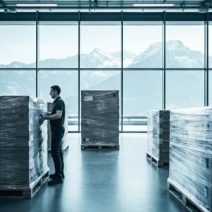 Professionals handling large packages for transport de colis volumineux suisse in a sleek, high-tech facility overlooking the