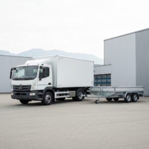 Un camion utilitaire moderne de 3.5t avec sa remorque est prêt à être loué, dans un cadre professionnel suisse.
