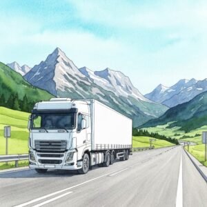 Illustration aquarelle douce d'un camion sur une route entre les Alpes. Guide 2026 du transport routier France Suisse.