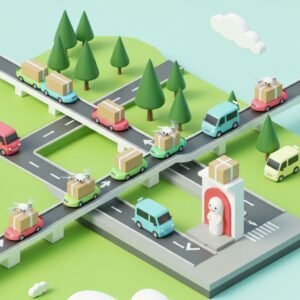 Illustration 3D isométrique ludique d'un transporteur Galaxus Suisse, montrant des colis livrés par drones et vans.