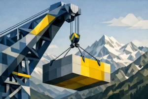 Image abstraite d'une grue géométrique levant une charge, symbolisant les services de manutention lourde suisse sécurisés.