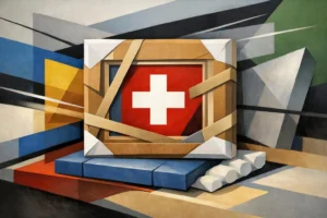 Transport d'œuvres d'art suisse sécurisé: illustration géométrique audacieuse d'une toile protégée en mouvement.