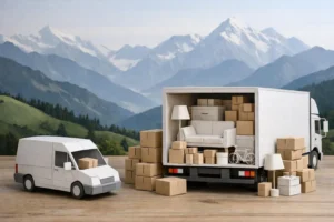 Paper craft: deux camions comparant transport léger et déménagement complet en Suisse, avec colis et meubles empilés.