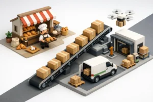 Isometric 3D: atelier artisanal, flux de colis optimisé vers un camion de livraison. Illustre les solutions logistiques pour